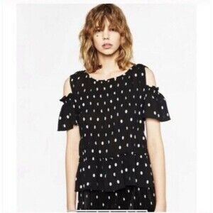 Zara Basics Polka-dot Cold Shoulder Blouse Black White S